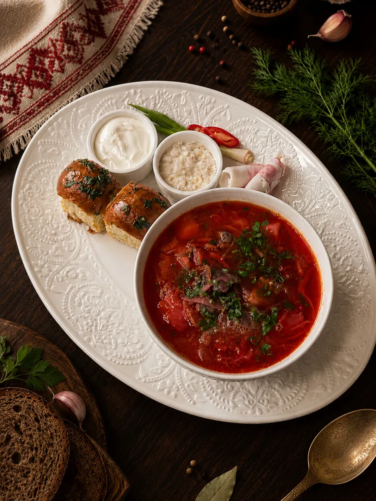Борщ с пампушками и салом